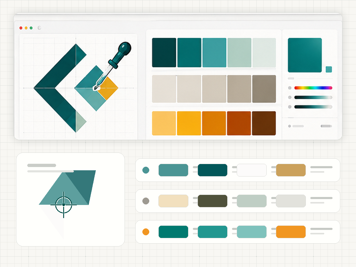 Abstract logo mark and brand kit colors extracted into primary neutral and accent swatches