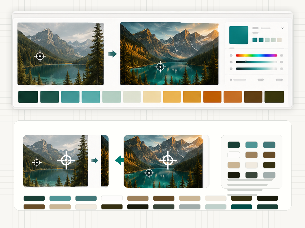 Before and after image color picker case showing original photo and organized color system
