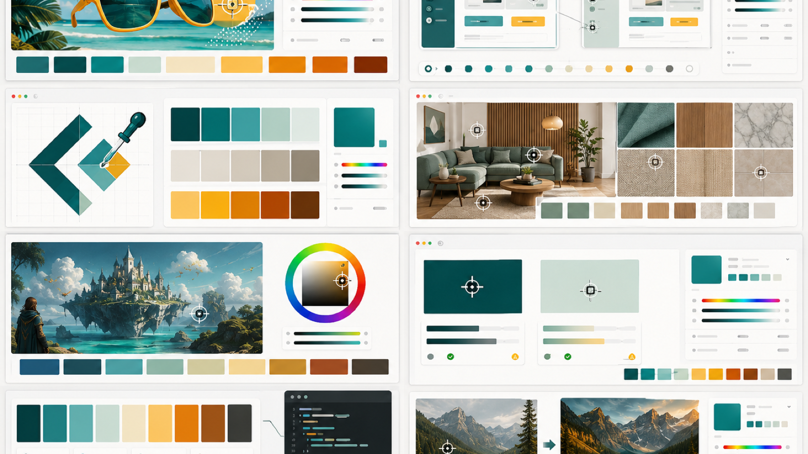 Image Color Picker workspace collage with photo sampling, palette extraction, contrast checks and CSS color output